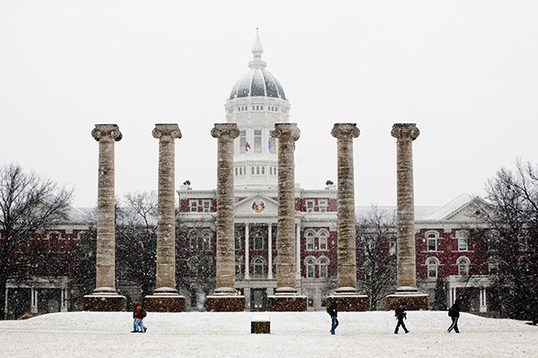 Winter scene of the Columns with Jesse Hall