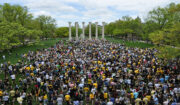 University of Missouri students participate in Tiger Prowl and Senior Sendoff. This event occurs each May and is the reverse of Tiger Walk. During the prowl, graduating seniors stand on the south side of Francis Quadrangle and walk through the Columns toward the city of Columbia to symbolize their upcoming graduation from the university. More than 5,400 students are expected to receive degrees from Mizzou during the weekend of May 17-19.